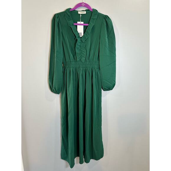 NWT- Dark green Long Sleeve midi Dress, Empire Waist Ruffle V neck- Small - Picture 2 of 6